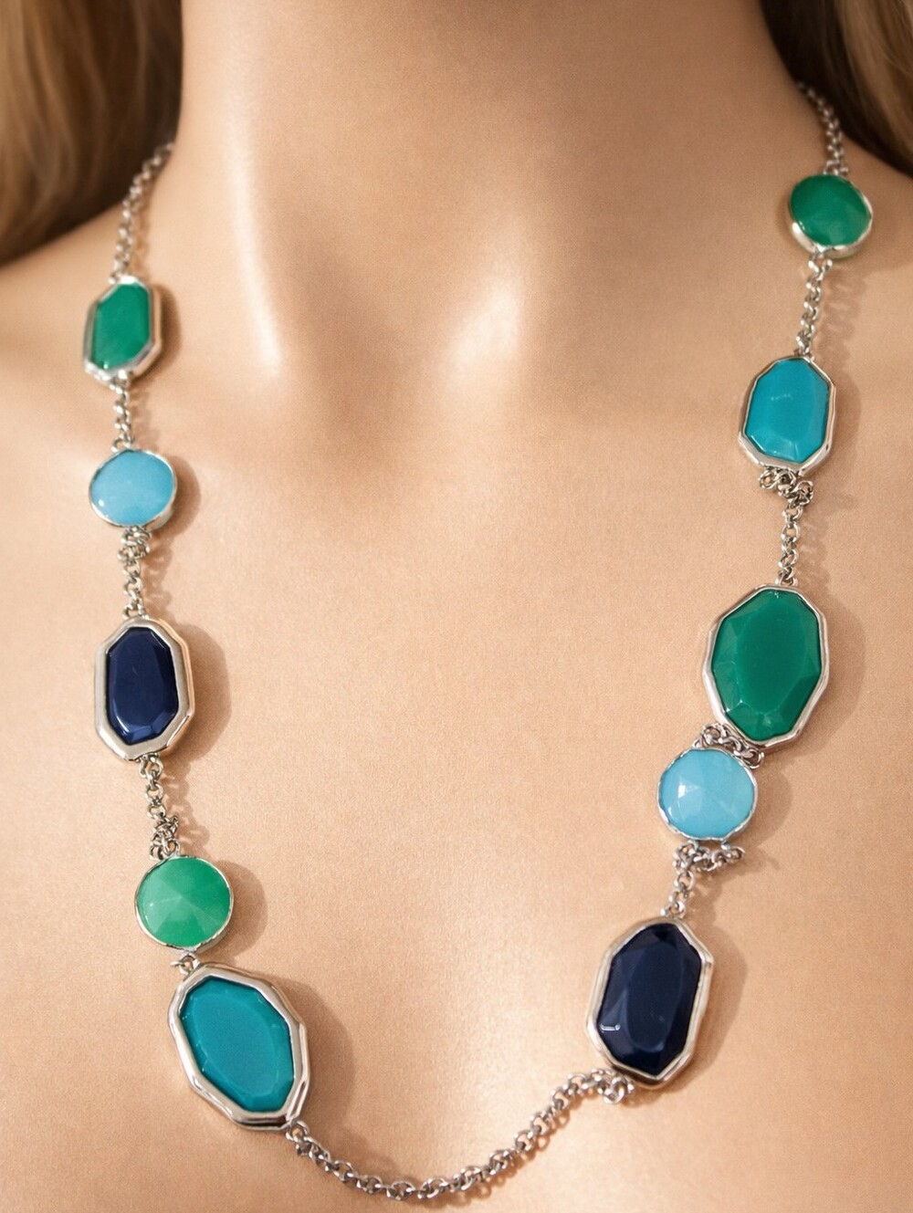 Silver Chain Necklace w/ Teal Aqua & Navy Gemstones – Women’s Statement Jewelry